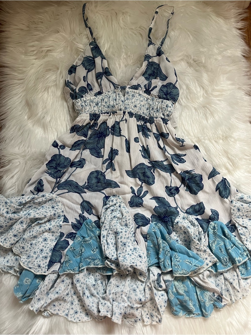 Angie White Midi Dress with Blue Floral Print